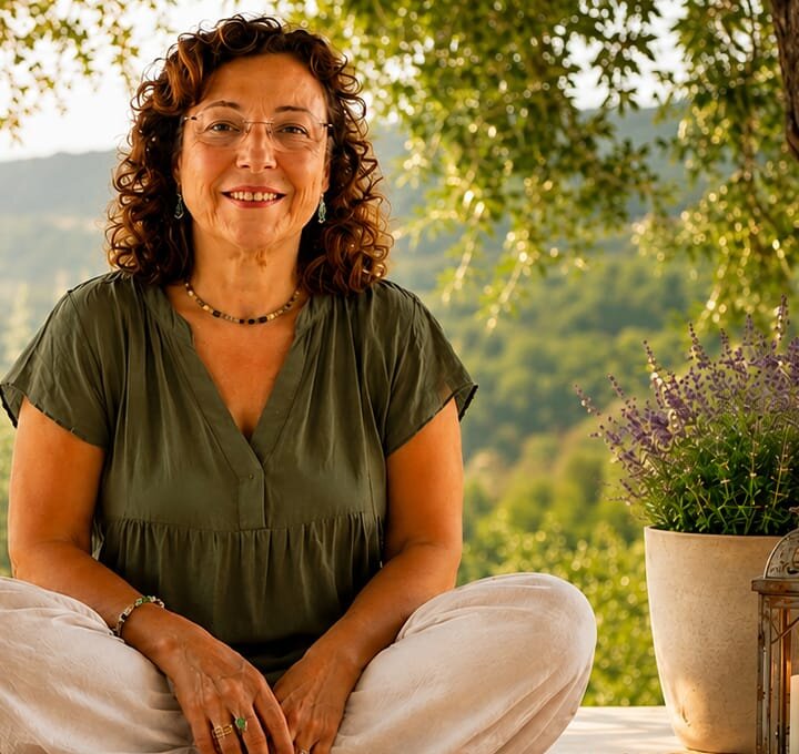 Maga Esteve sonriendo, sentada en postura de meditación al aire libre